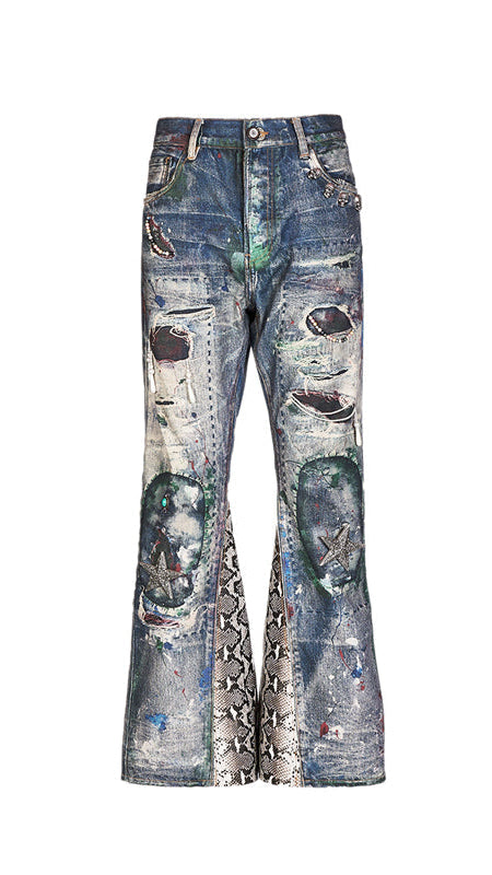 GLACIERBOY "RAP STAR" SERIES 3D PRINTED SNAKE PATCHWAXED DENIM JEANS