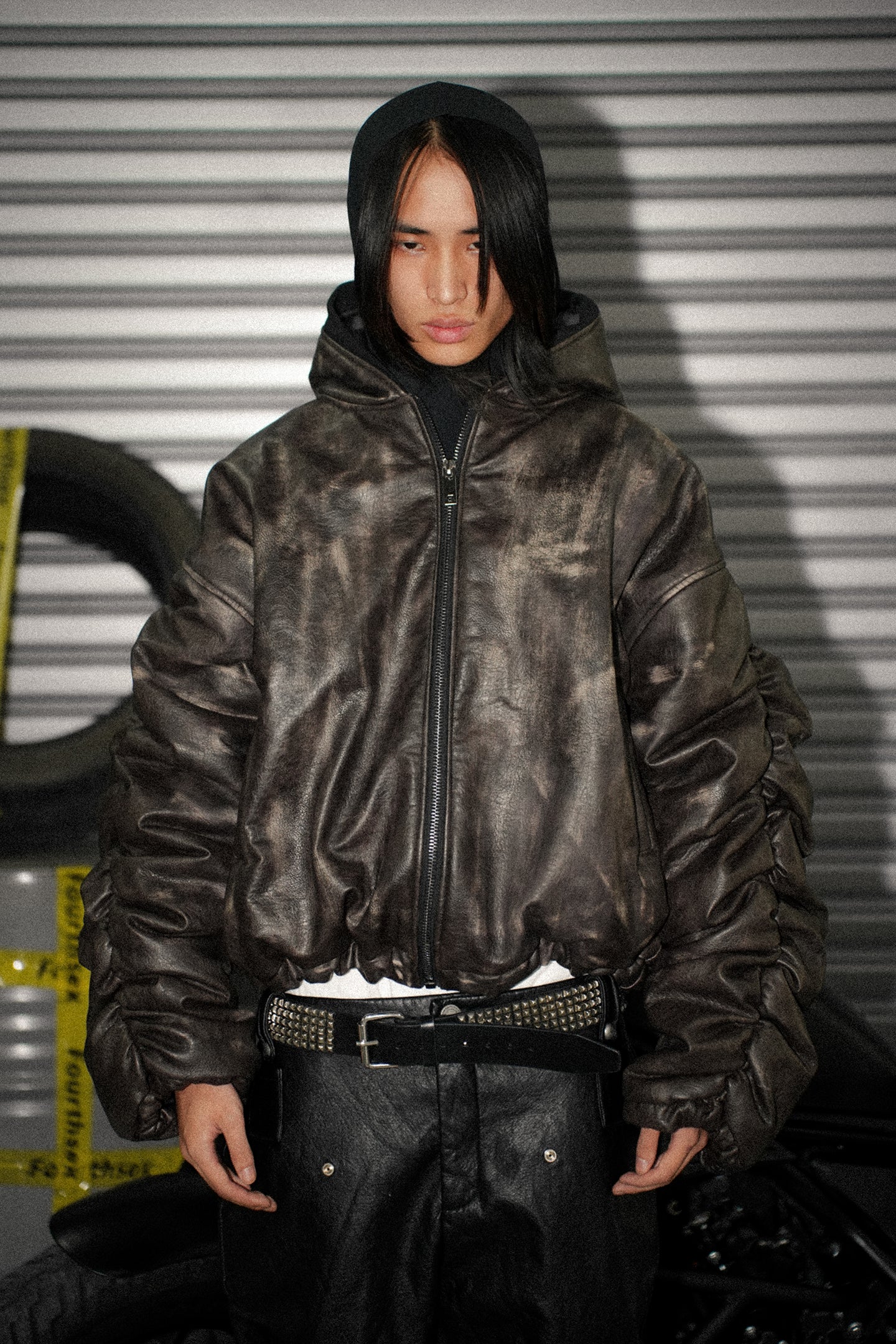 Brown Faded Leather Hoodie with Fold Over Sleeves