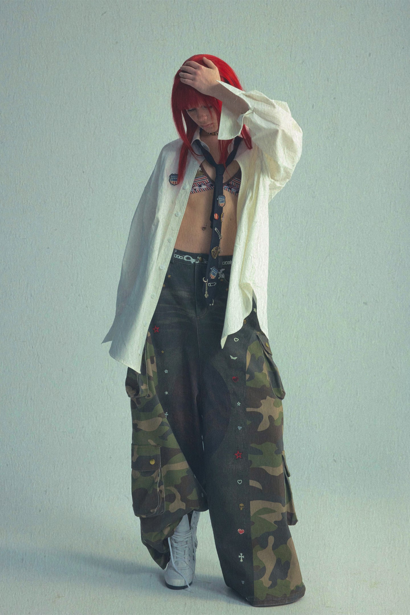 Rhinestone Printed Washed Camouflage Overalls