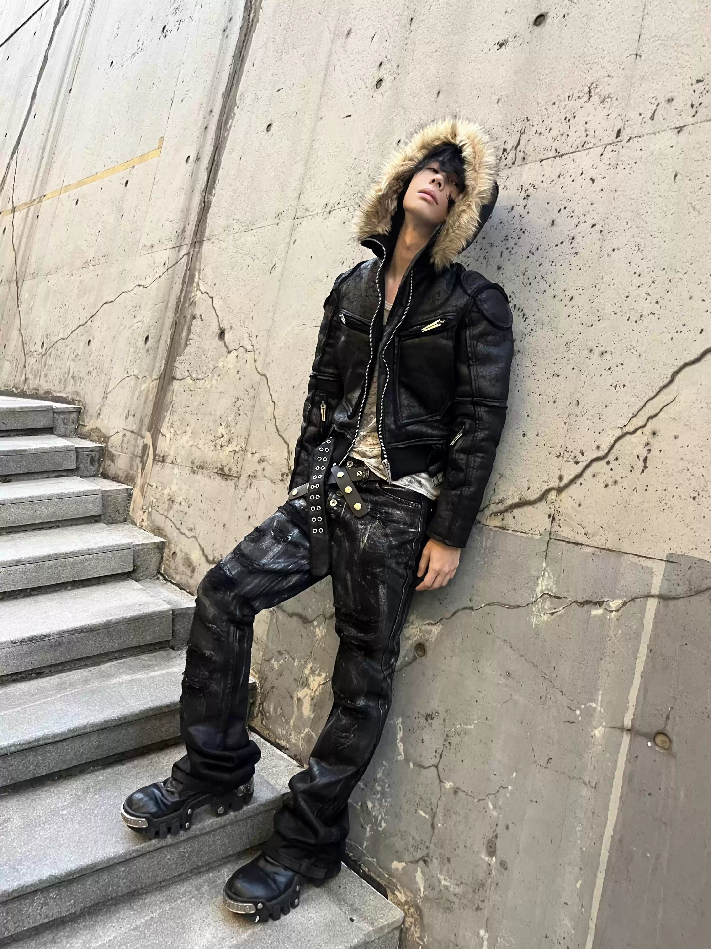 Black Distressed Silver-Coated Wax Denim Jeans