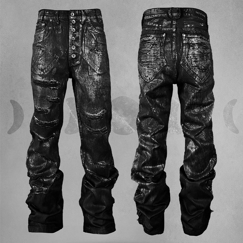 Black Distressed Silver-Coated Wax Denim Jeans