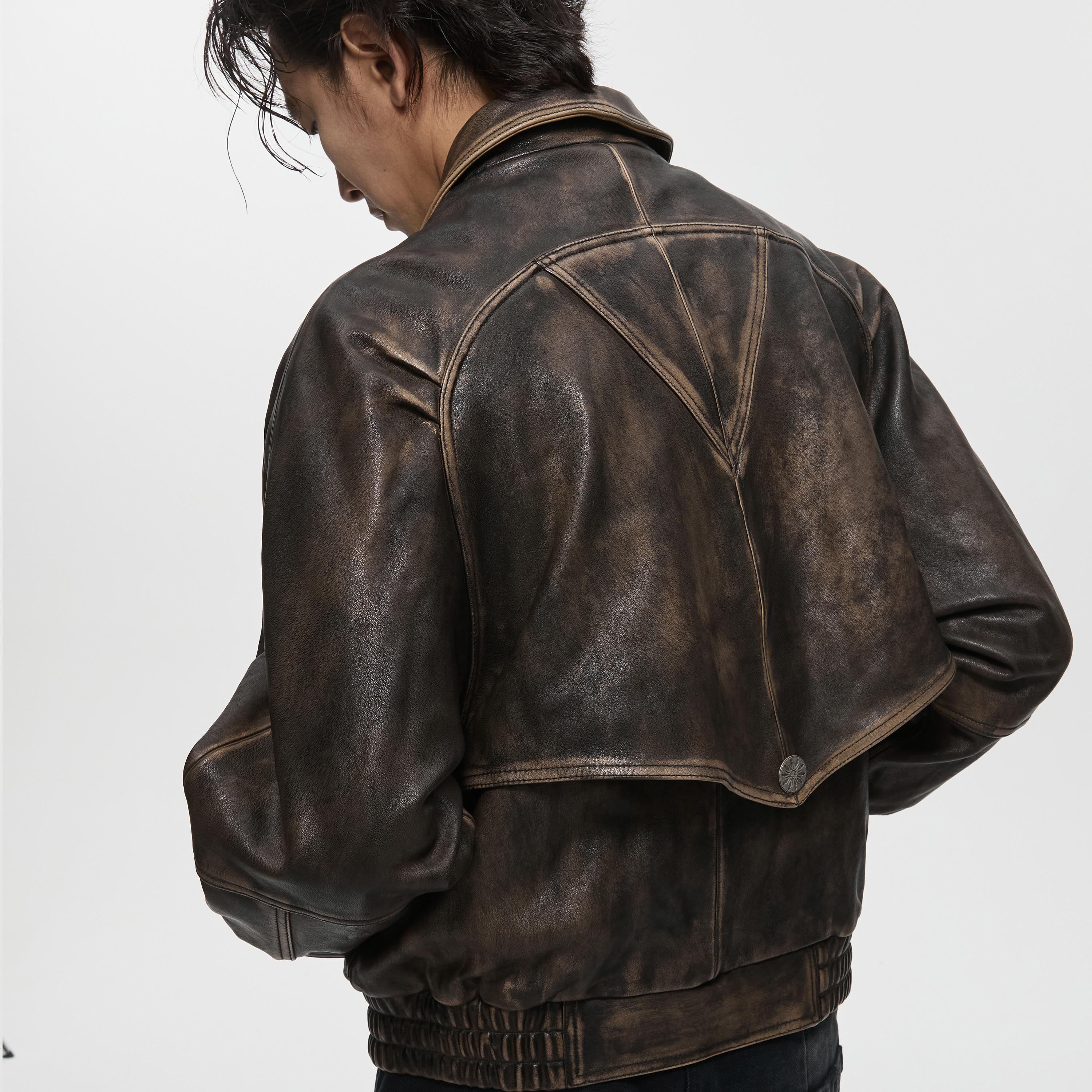 Distressed Wash Vintage-Style Vegetable-Tanned Leather Biker Jacket