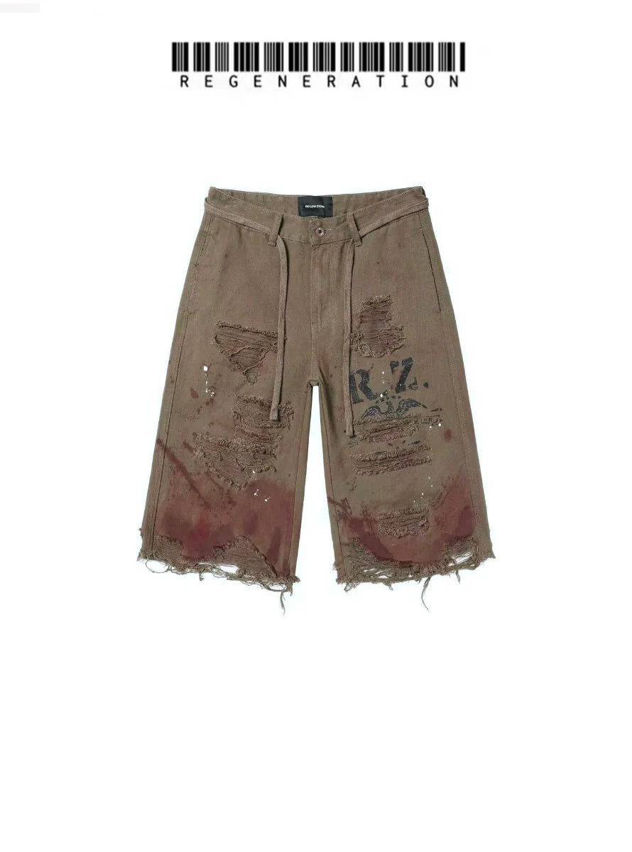 REGEN ZONE 25ss "RIOT" Blood Eagle Army Green Distressed Hemostatic Cropped Pants