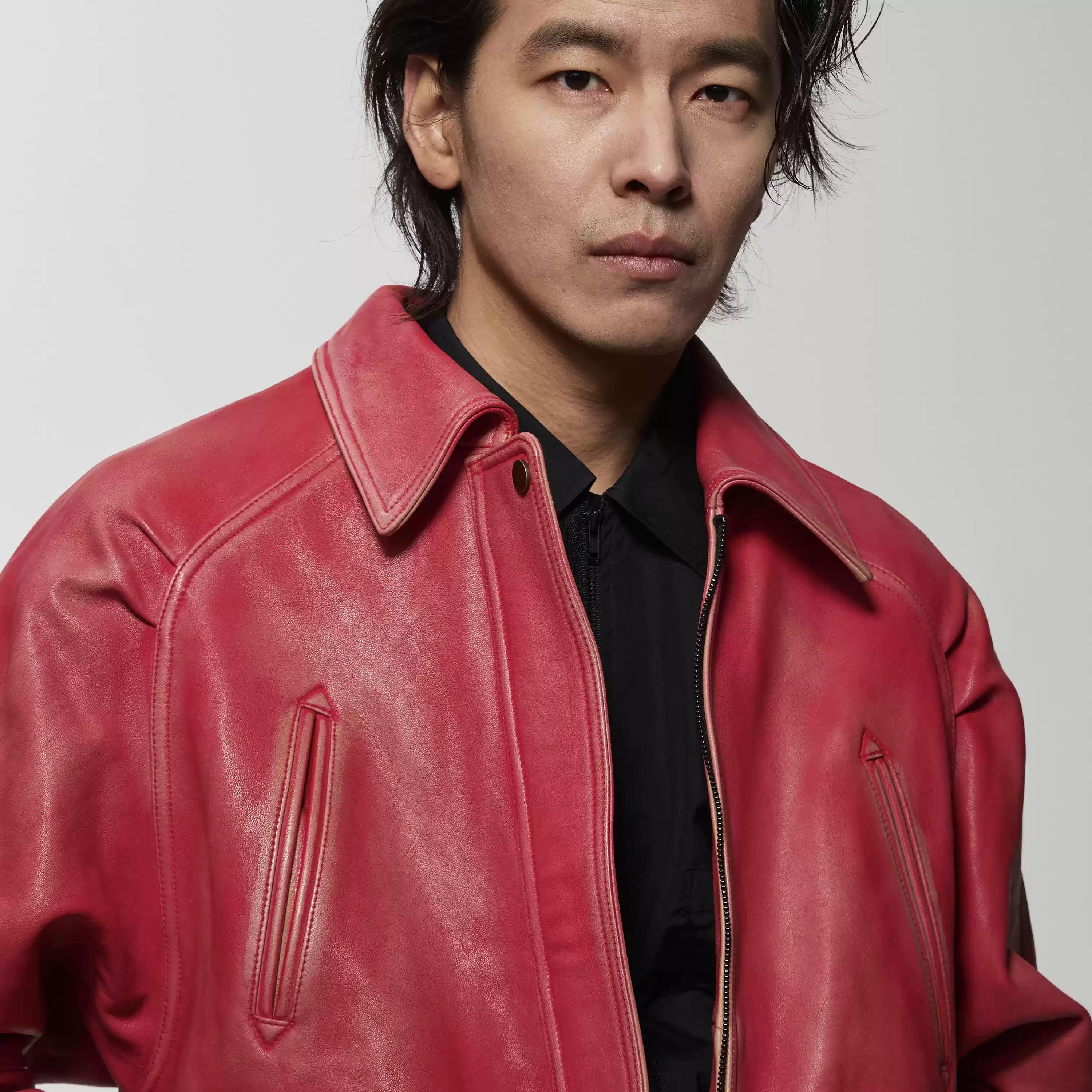 Distressed Wash Vintage-Style Vegetable-Tanned Leather Biker Jacket