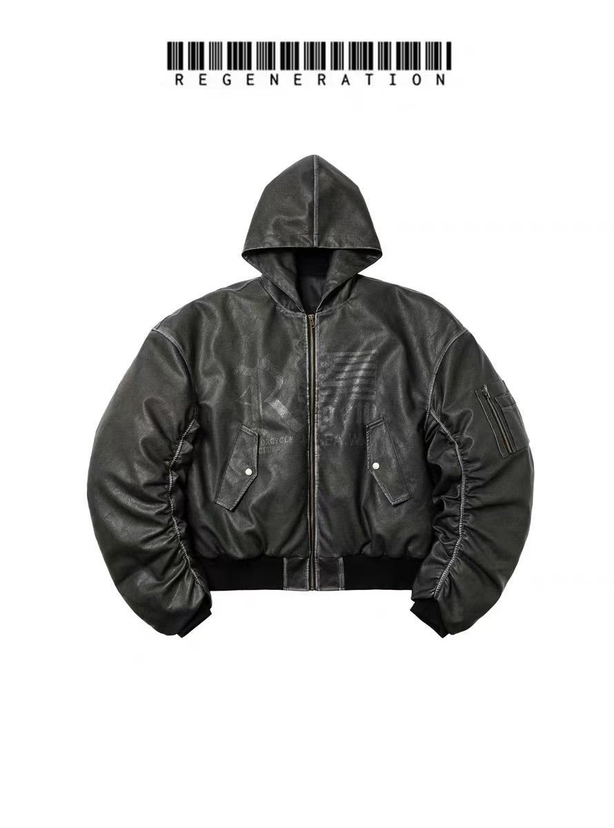 REGEN ZONE "Lord of War" Heavy Cowhide Textured Brushed Hooded Flight Jacket