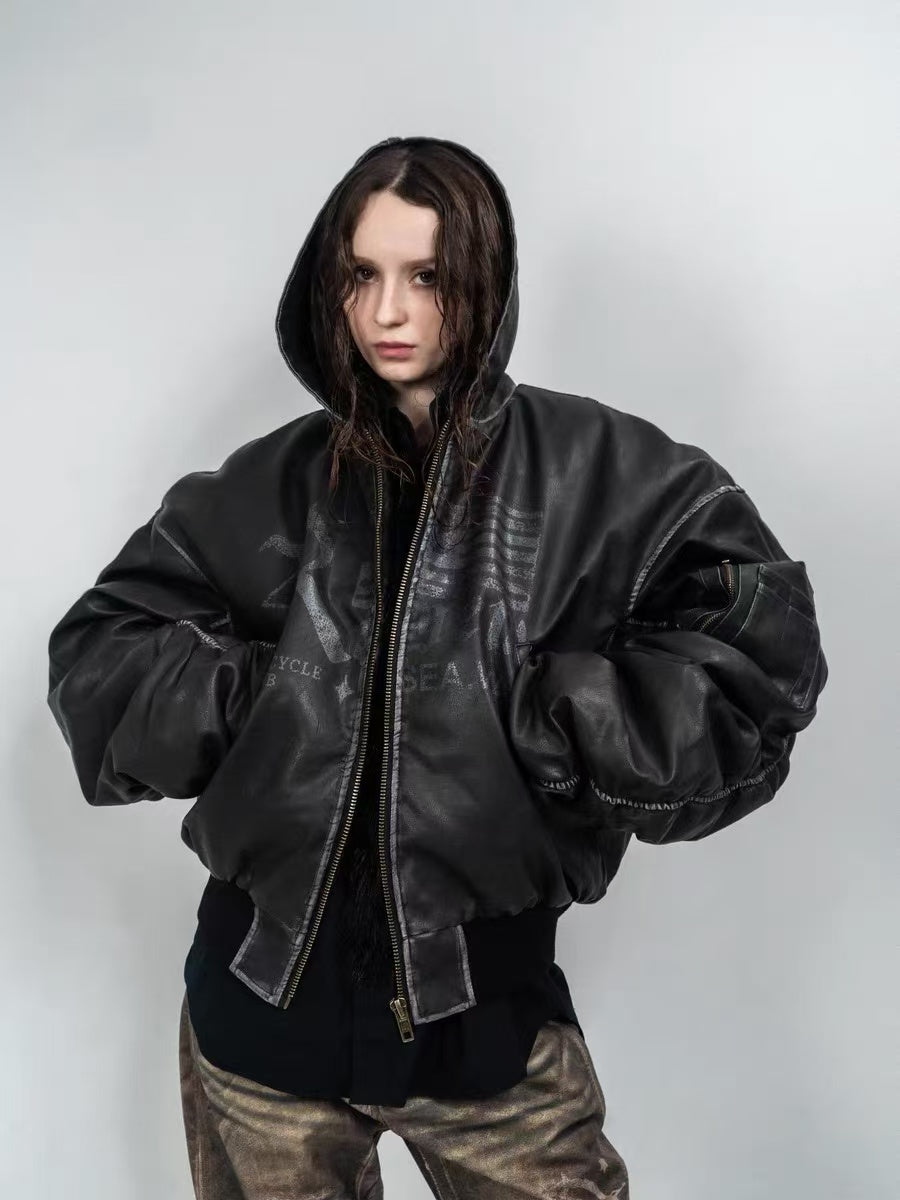 REGEN ZONE "Lord of War" Heavy Cowhide Textured Brushed Hooded Flight Jacket