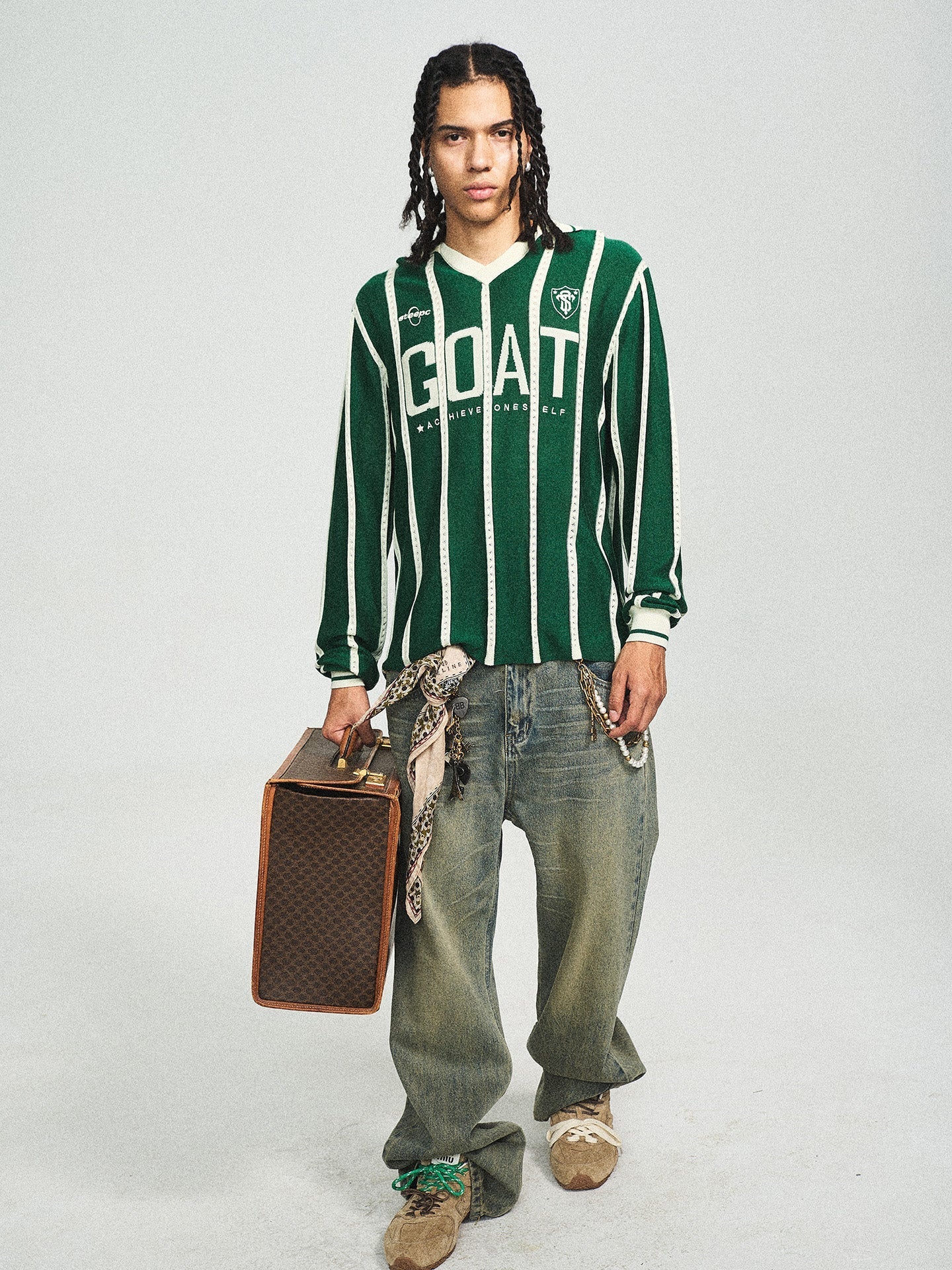 STEEPC Retro Green Blockcore Striped Sweater
