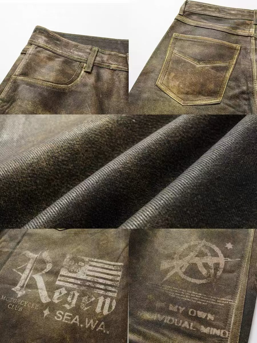 Digital Printed Faux Leather Waxed Straight Jeans