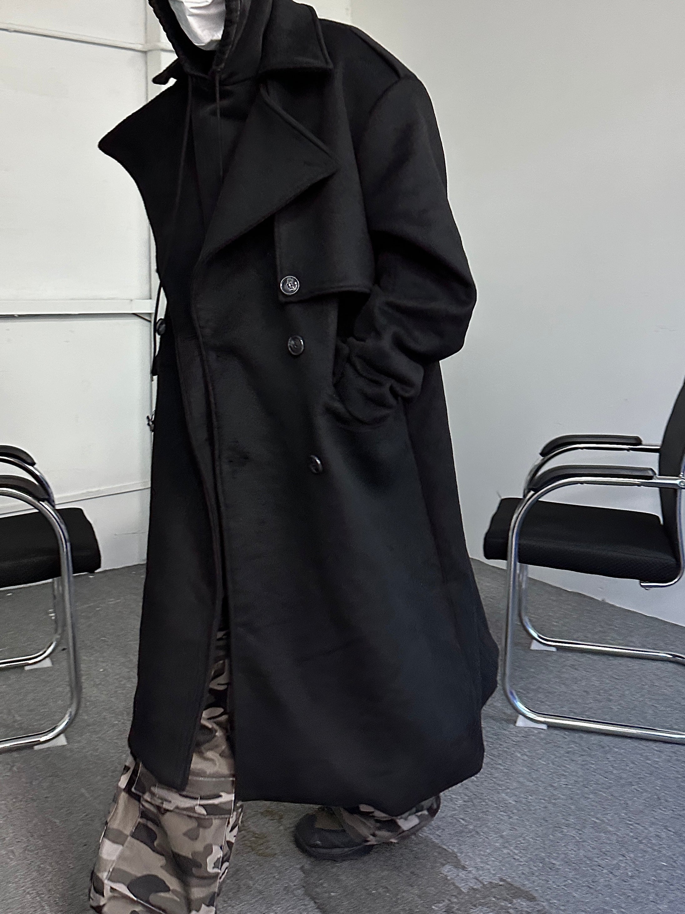 Heavyweight Wool Profile Oversized Notched Lapel Padded Shoulder Back Slit Long Thickened Woolen Coat