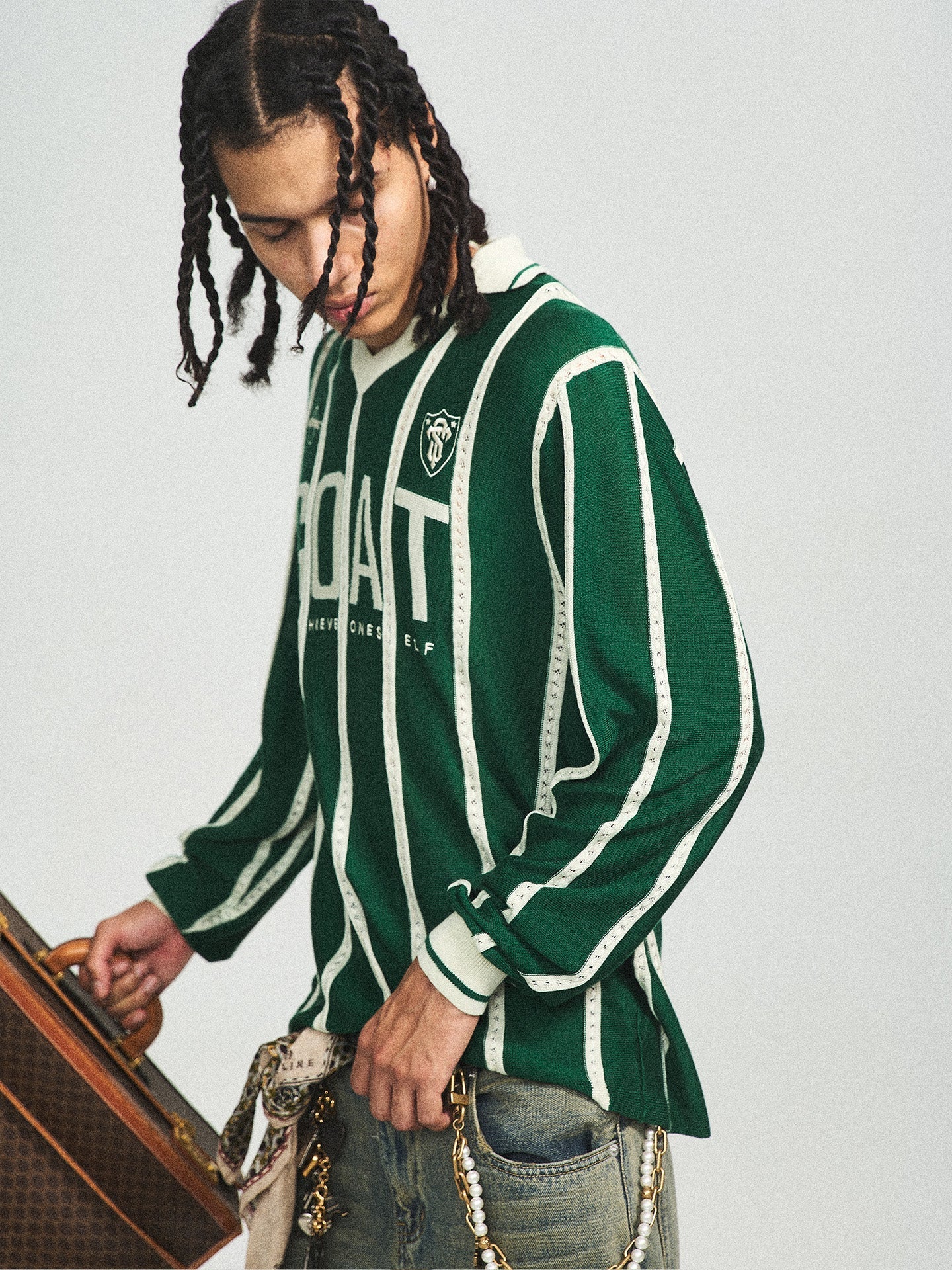 STEEPC Retro Green Blockcore Striped Sweater