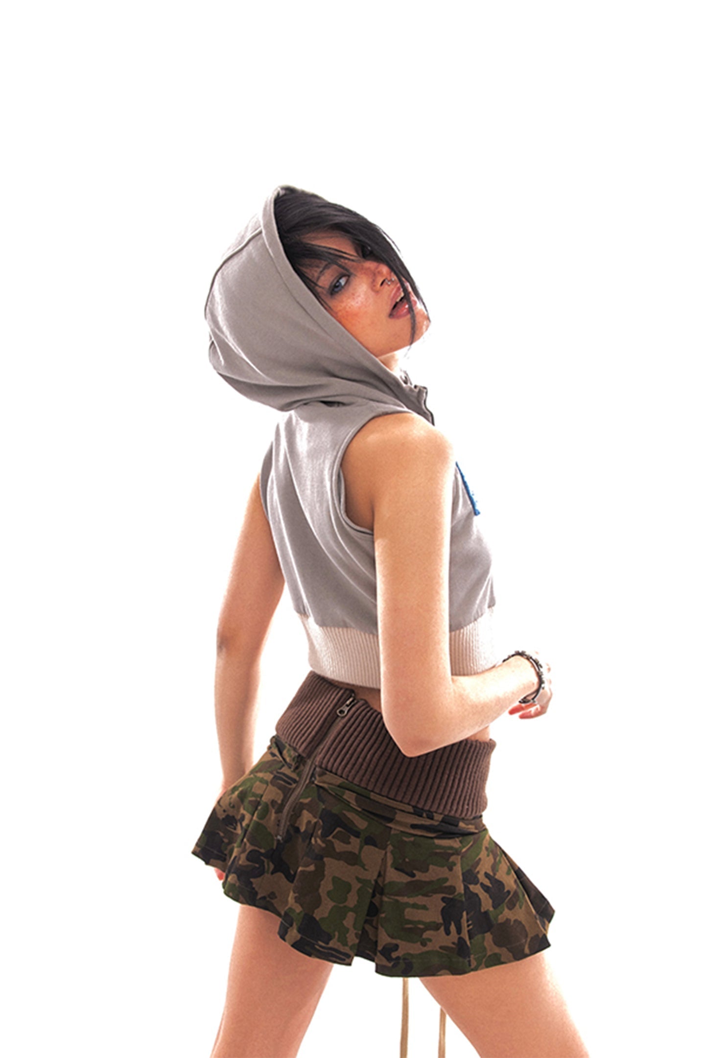 Terry Sports Sleeveless Grey Hooded Short Sweatshirt Jacket