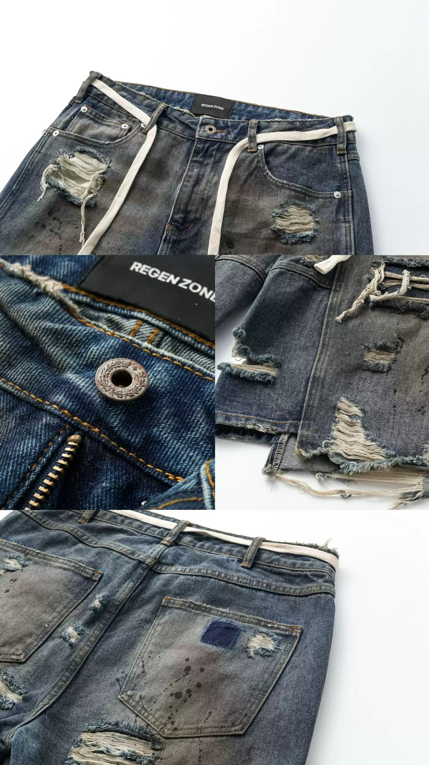 REGEN ZONE 25SS "RIOT" Okayama Distressed Patchwork Denim Cropped Pants